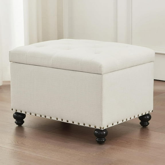 Small Ottoman with Storage, Upholstered Button Tufted Ottoman with Solid Wood Legs, 24" Rectangle Ottoman with Storage for Living Room, Bedroom, Corners, Dorms and Apartments (Beige)