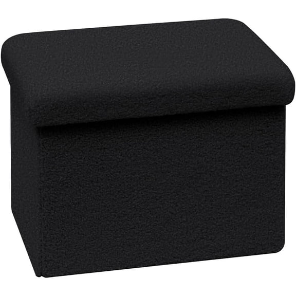 Small Ottoman with Storage, Sherpa Storage Ottoman Cube, Boucle Folding Foot Rest for Dorm, Living Room, Bedroom, Black, 16.5"x12.6"x12.6"