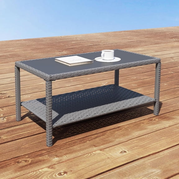 Small Outdoor Coffee Side End Table for Outside Patio Storage, Gray All Weather Wicker with Glass Top, Rectangle