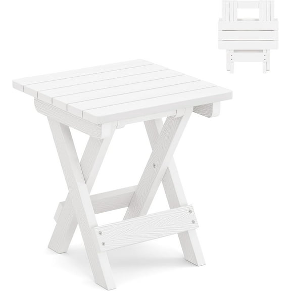 Small Outdoor Folding Side Table, HDPS Outside End Table for Patio, Porch, Deck, Pool, 14 Inch Height, White