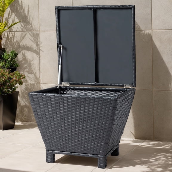 Small Outdoor PE Wicker Side Table with Storage Bin, Black