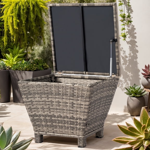 Small Outdoor PE Wicker Side Table with Storage Bin, Grey