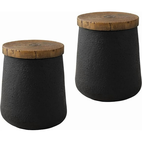 Small Outdoor Side Table, 13" W Black Outdoor End Tables for Patio, Accent Side Table, Garden Stool Wooden-Look Top Concrete for Livingroom Bedroom, Garden, Backyard