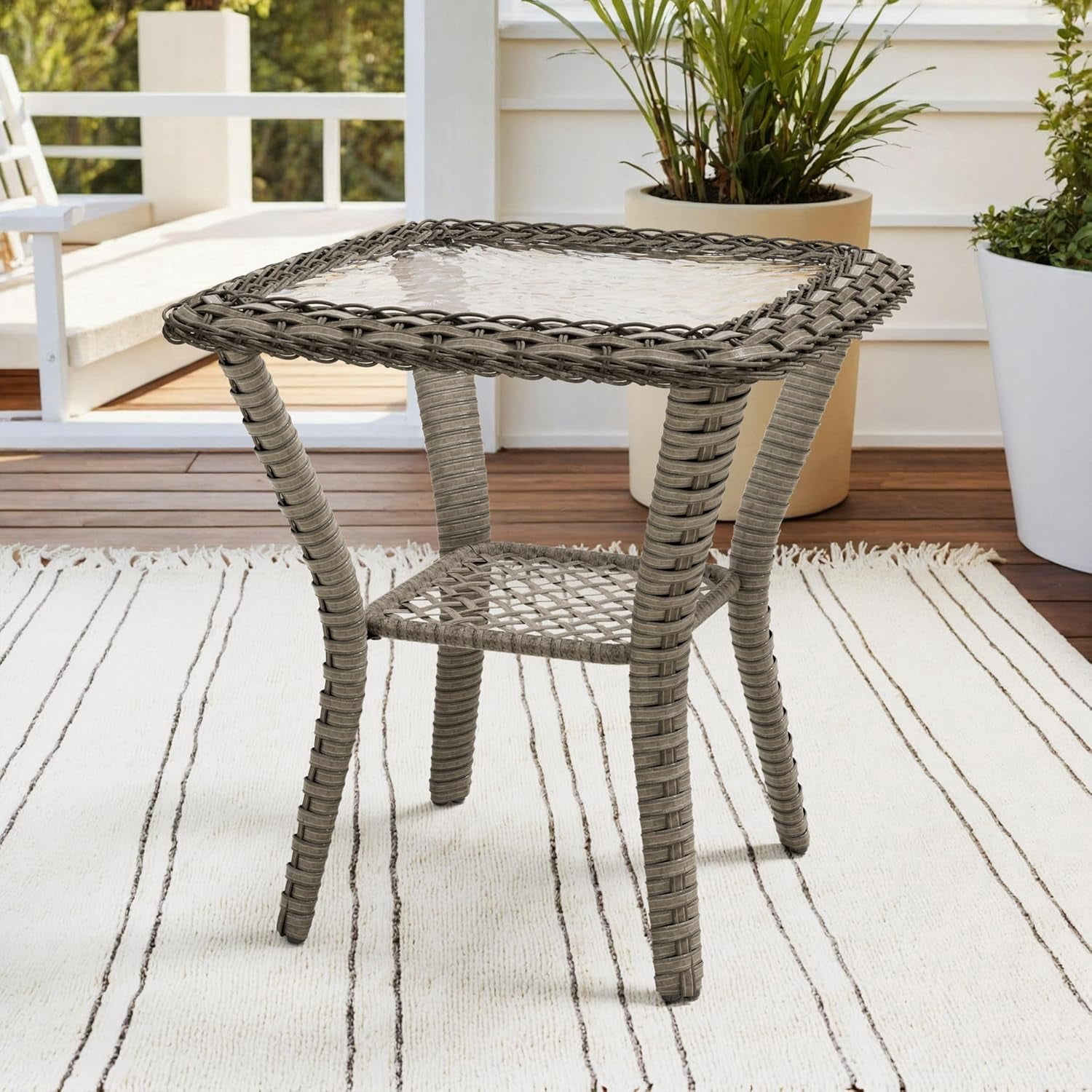 Small Outdoor Side Table Coffee Table with Glass Top and 2-Tier Storage ...