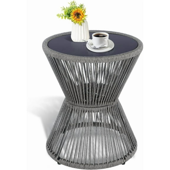 Small Outdoor Side Table Patio 20’’ H Woven Rope Hourglass End Table with Glass Top Round Coffee Table for Living Room Outdoor Patio Backyard Poolside (Gray)