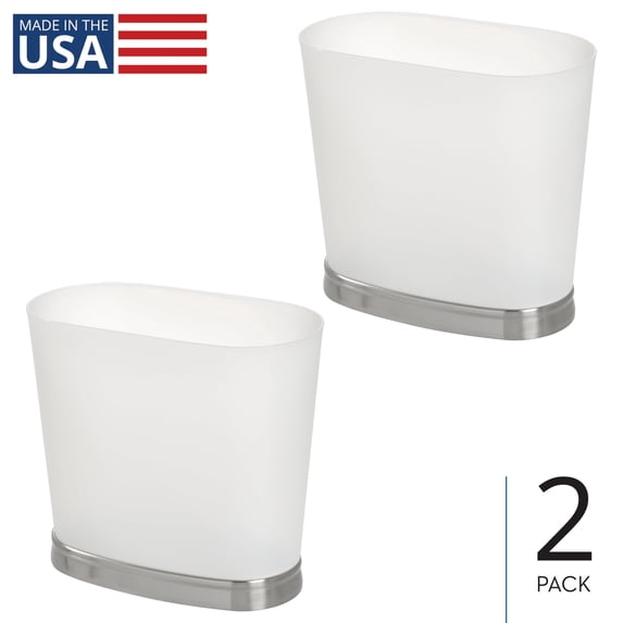 iDesign Gina Bathroom Trash Can, 3.2 Gallon Small Plastic Oval Open Top Garbage Bin, Made in USA, 2 Pack, Silver