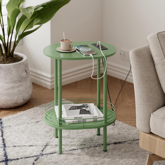 Small Oval Side Table with Storage, 2-Tier Green End Table for Small ...