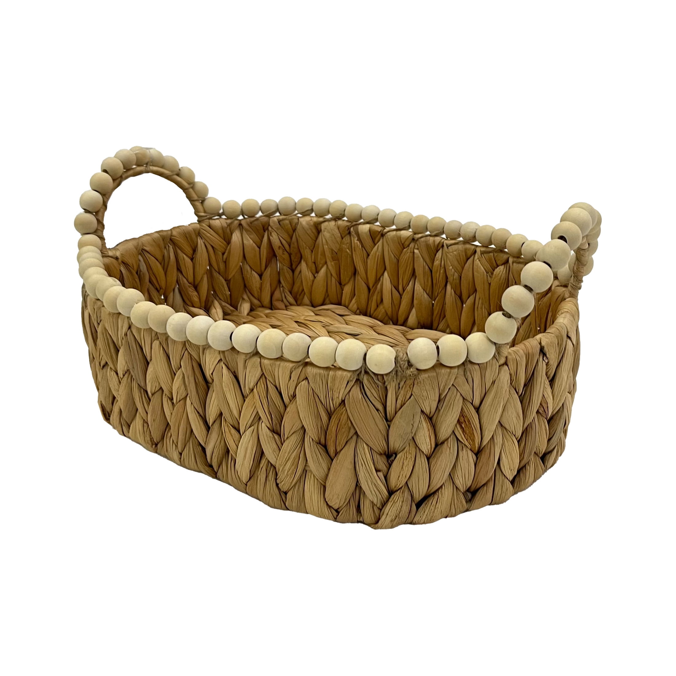 Small Oval Light Brown Water Hyacinth Basket with Wood Beads