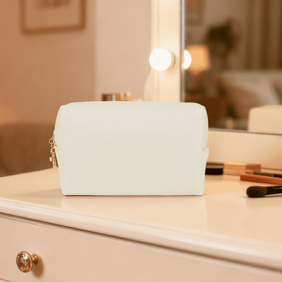 Small PU Leather Makeup Bag, Portable Square Cosmetic Pouch for Travel, Beige Toiletry Organizer with Zipper, Compact Multifunctional Makeup Case