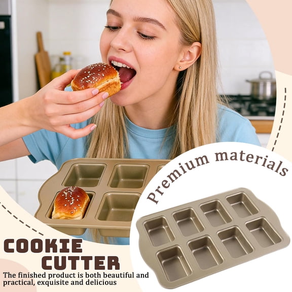 Small Pan, Cake Mold, Carbon Nonstick Pan, 8 Cavity, Mini Rectangle, Oven Baking, Carbon Steel, Nonstick Surface, Gold Finish, Bakeware, 1 Pc