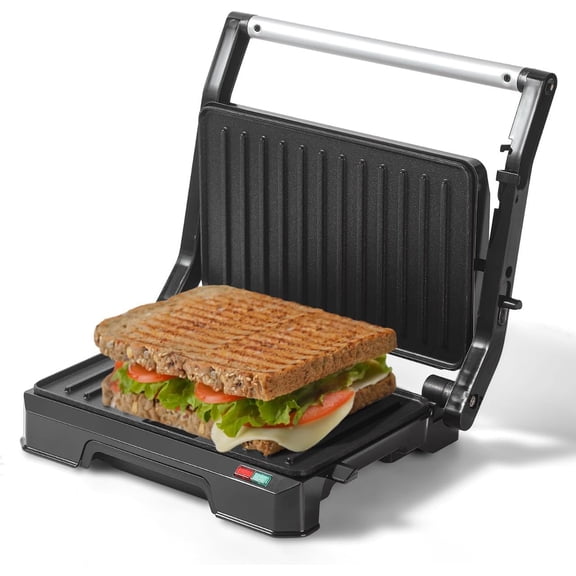 Small Panini Press Grill Sandwich Maker, Electric 3 in 1 Maker Grill, Open 180 Degrees for grill indoor, Perfect Grilling Steaks, Burger, Sandwich, Non-stick Pan, Black