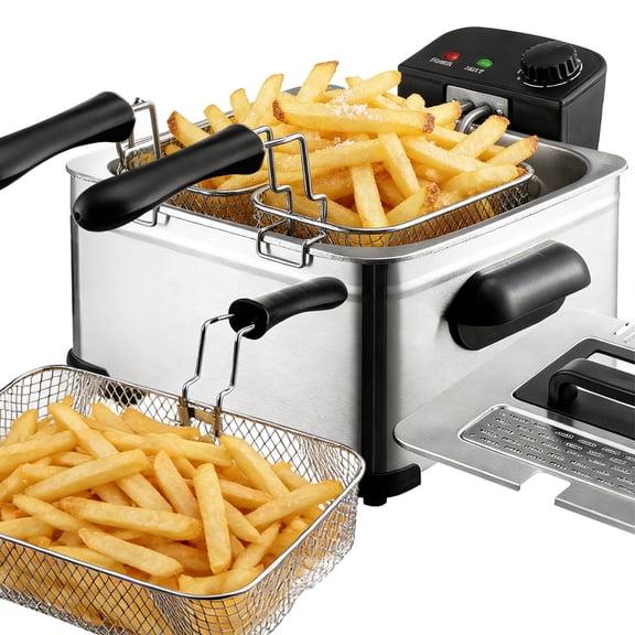 Stainless Steel Electric Deep Fryer 5.3 Qt 2000W, 3 Baskets Timer Temperature Control, Easy Clean for Family Fried Food & Party Snacks