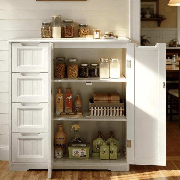 Pantry Storage Cabinet, Lofka Kitchen Cabinet with Adjustable Shelves, 4 Drawers & Cabinet Doors, White