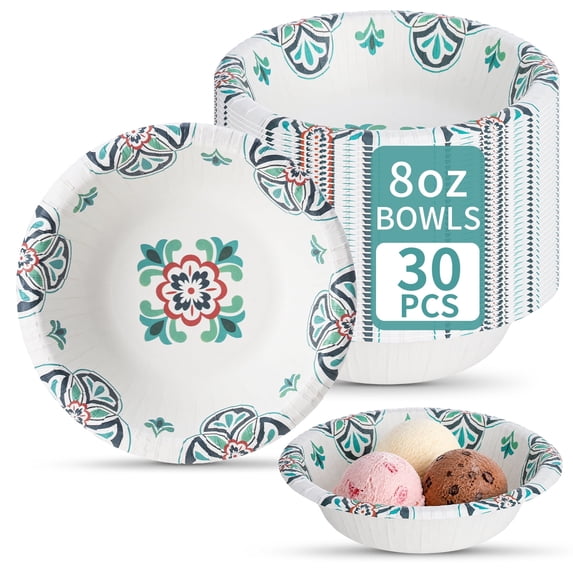 DTFMZOV Small Paper Bowls 8 oz, Disposable Bowls, Soak Proof, Cut Proof, Microwave Safe, Freezer Safe Datura Flower Snack Bowl for Dessert, Ice Cream, Birthday Party Supplies(30Pcs)