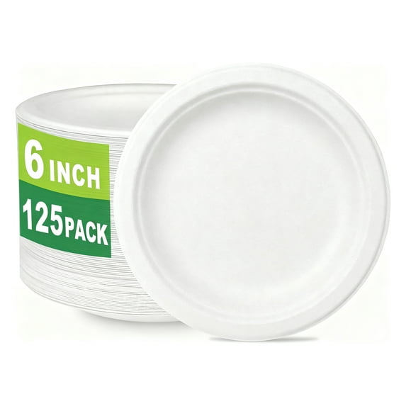 6 Inch, 125 Count Compostable Disposable Paper Plates for Dessert, Cake, Appetizer