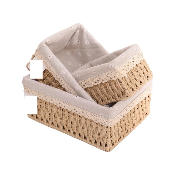 Small Paper Storage Baskets - Nesting Organizers with Removable Liners, Handmade Recycled Rope Bins for Bathroom Desk Shelf Makeup Organization Set of 3