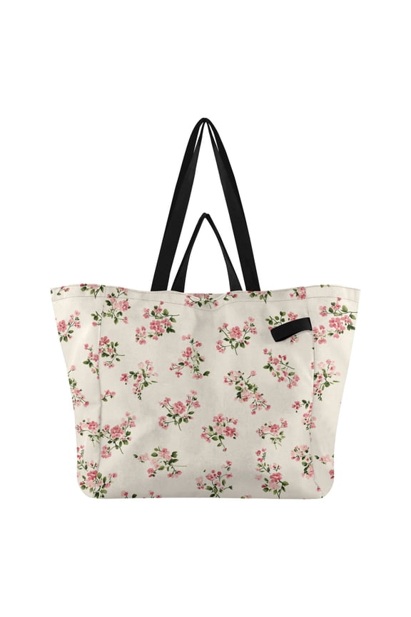Small Pastel Pink Flowers on Spring Foldable Canvas Tote Bags Reusable Grocery Bags Laundry Bags Beach Bag 32L