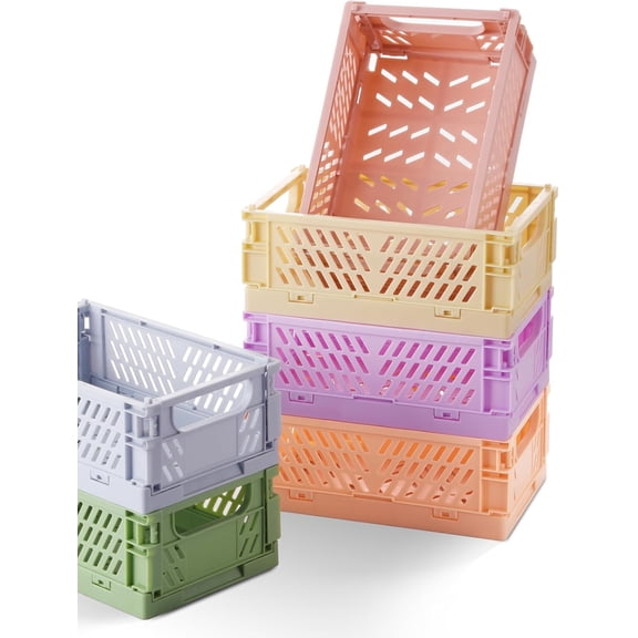 Small Pastel Plastic Storage Baskets, Collapsible Crates for Organizing, Space-Saving Mini Bins for Classroom, Kitchen, Office, Bedroom