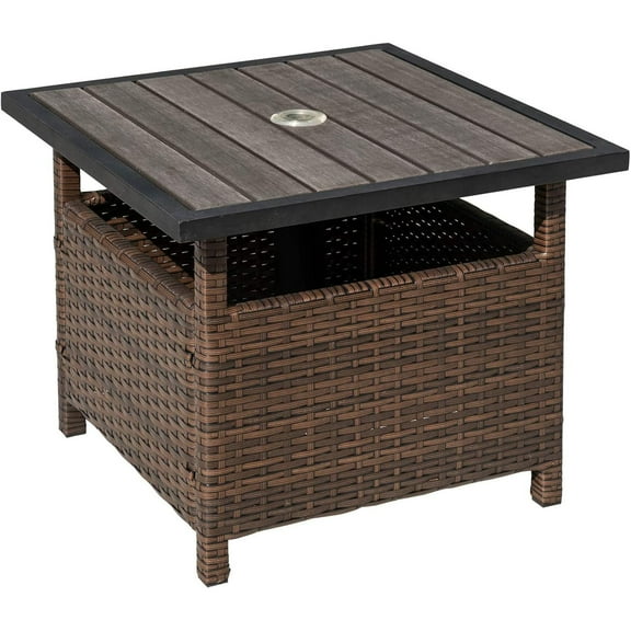 Small Patio End Table with 1.89 Inch Umbrella Hole, Outdoor Rattan Wicker Side Tables, Umbrella Base Table - Steel, Wood
