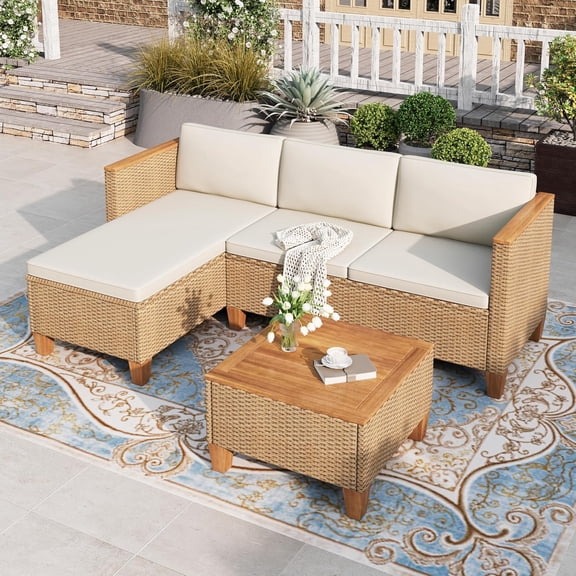 Small Patio Furniture Set, 3 Pieces Wicker Outdoor Sectional Sets,Yellow Rattan Conversation Set with Sofa and Coffee Table for Garden and Backyard, l Shape Boho Balcony Couch Sets