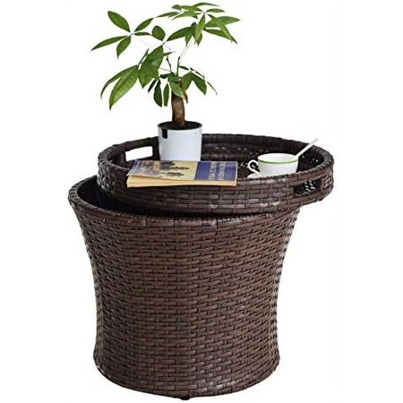 Small Patio Side Table with Storage 20 Inch Patio Rattan Side Table Wicker Tables End Table with Lid Steel Lightweight Brown
