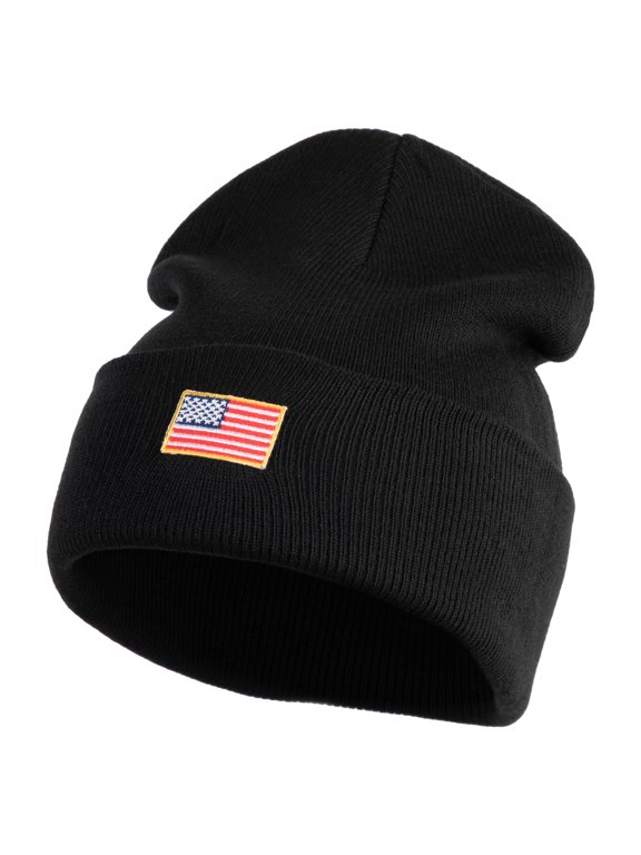 Small Patriotic American Flag Iron on Embroidered Patched 12 Inch Long Knitted Beanie - Black OSFM