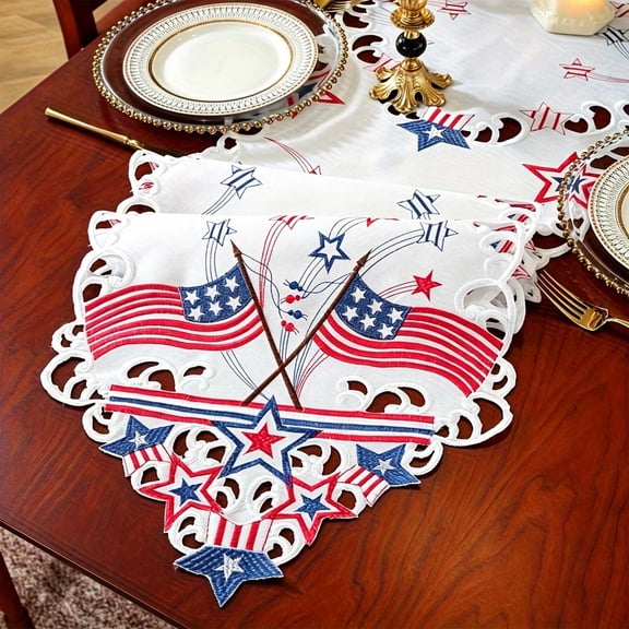 Small Patriotic Hollow Embroidery Lace Table Runner, USA Flag Farmhouse Table Ornament, Lightweight Decorative Mat for 4th of July Celebration, Kitchen, Dining Room & Indoor Holiday Decor