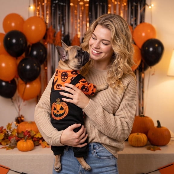 Small Pet Apparel, Small Dog Halloween 21 in Halloween Pumpkin Printed Overall Jumpsuit, for Teacup Chihuahua Yorkie Small Breed Pets, Perfect for Halloween Trick-Or-Treat, House