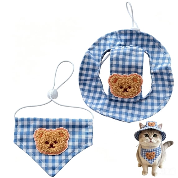Small Pet Cat Costume Set, Cat Hat & Pet Triangular Scarf, Cat Outfit & Cat Clothes for 4-9 lb Pets, Birthday & Halloween, Blue