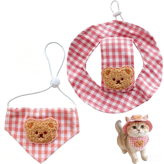 Small Pet Cat Costume Set, Cat Hat & Pet Triangular Scarf, Cat Outfit & Cat Clothes for 4-9 lb Pets, Birthday & Halloween, Pink
