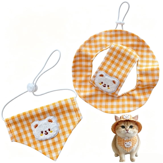 Small Pet Cat Costume Set, Cat Hat & Pet Triangular Scarf, Cat Outfit & Cat Clothes for 4-9 lb Pets, Birthday & Halloween, Yellow
