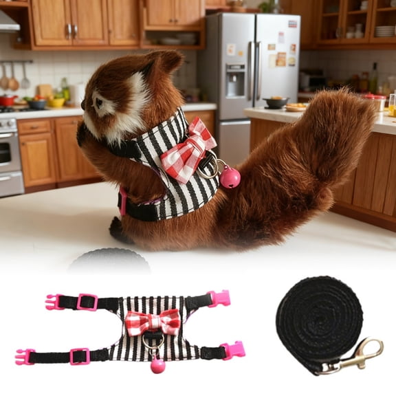 Small Pet Harness and Leash Set, Adjustable Chest Strap Vest for Ferret Chinchilla Hamster Squirrel, with Cute Bowknot Decor, for Outdoor Walking, Yin-02