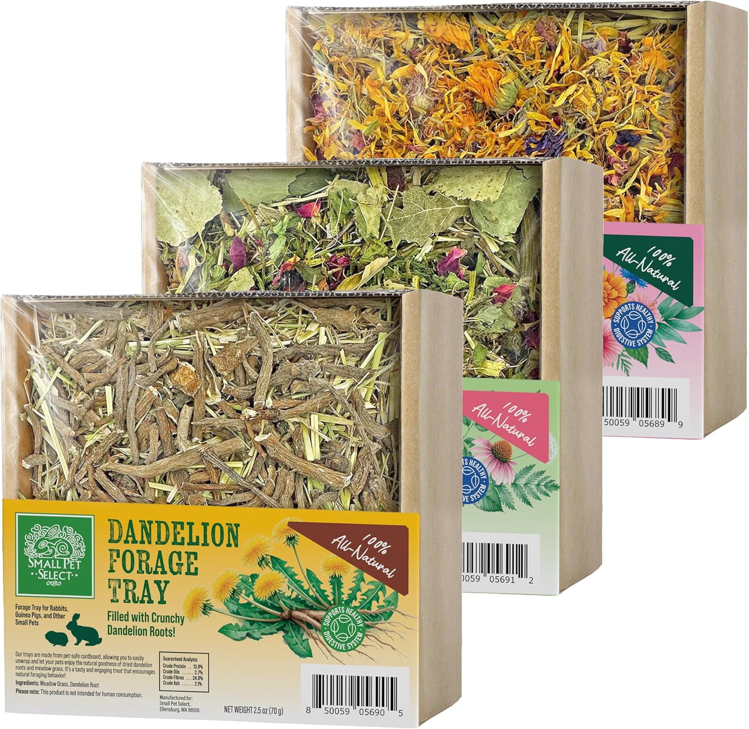 Small Pet Select - Forage Tray Bundle, Three Trays-Dandelion, Herb Mix, and Flower Mix, 2.5oz Each