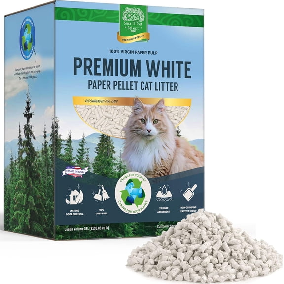 Small Pet Select - Premium White Paper Pelleted Cat Litter for Litter Pans - Lightweight & Odor Controlling Non-Clumping Paper Pellets Safe for Kittens and Senior Cats - 35L