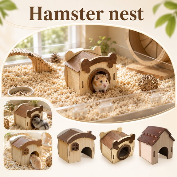 Small Pet Supplies, Syrian Hamster Accessory Dwarf Hamster Hideaway, Gerbil Shelter Mice Habitat Pet Enclosure Mini Hut, Two-Tone Wood Assembled Chew Proof Mini House, 5X3.5X5 in