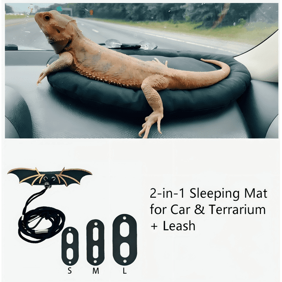 Small Pet Travel Sleeping Pad (Guinea Pig, Rabbit, Hamster, Lizard) + Lizard-Specific 3-in-1 Adjustable Leather Wing Harness Set: Car Window Suction Cup Nest & Leash Combo