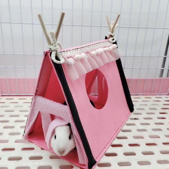 Small Pet Triangle Tent Hideout,Dual Entrance Felt Hamster House with Wooden Hanging Sticks,Washable Warm Cage Shelter for Guinea Pigs Chinchillas Rats Mice,Decorative Tiny Animal Sleeping Play Hut