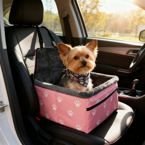 Small Pets Car Seat - Portable Booster with Soft Washable Cushion, Built-in Safety Belt - for Small Pets Up to 15lbs - Pink