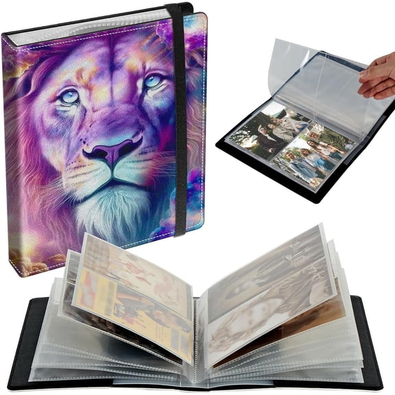 Small Photo Album 3.5x5 inch 80 Pictures PU Leather Photo Albums with Transparent Inner Pockets & Elastic Band for Wedding Boys Girl Travel Family Pictures - Colorful Lion