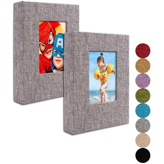 Small Photo Album 4x6 – Clear Pages, Linen Cover with Front Window, Pack of 2, Each Album Holds 52 Photos, Small Brag Book for 4x10 Pictures, Grey Fabric