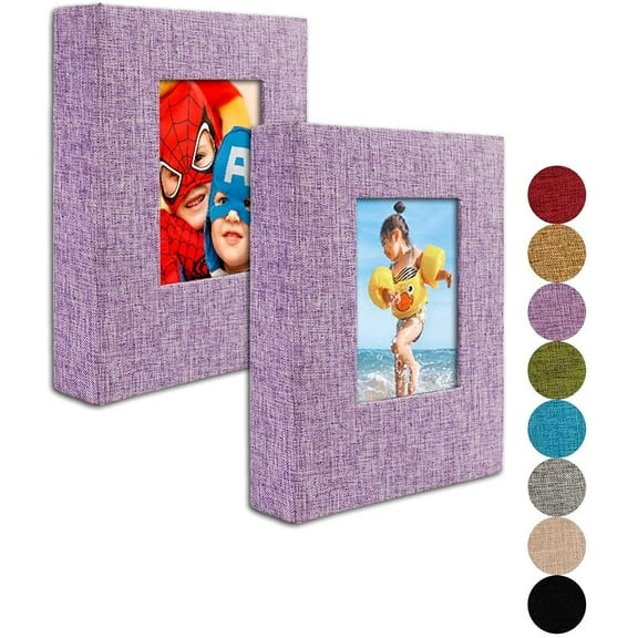 Small Photo Album 4x6 – Clear Pages, Linen Cover with Front Window, Pack of 2, Each Album Holds 52 Photos, Small Brag Book for 4x11 Pictures, Purple Fabric