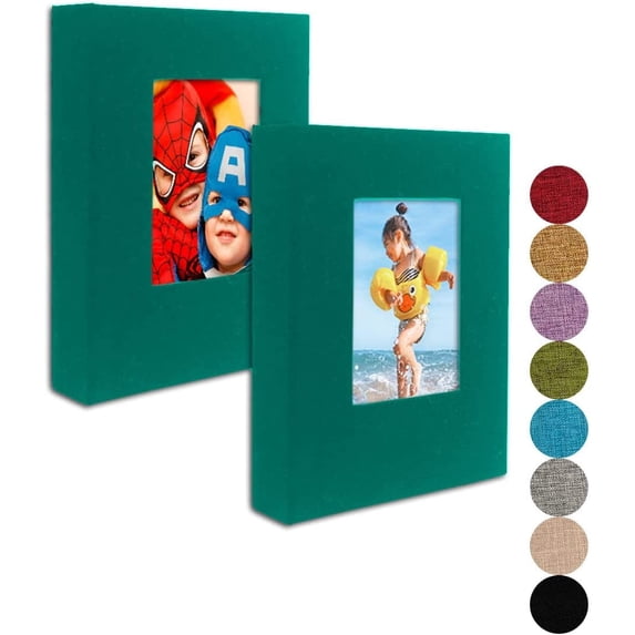 Small Photo Album 4x6 – Clear Pages, Linen Cover with Front Window, Pack of 2, Each Album Holds 52 Photos, Small Brag Book for 4x9 Pictures, Dark Green Fabric