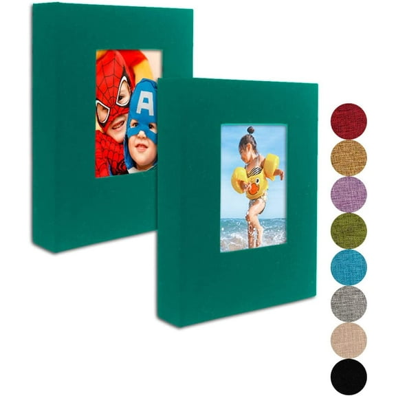 Small Photo Album 4x6 – Clear Pages, Linen Cover with Front Window, Pack of 2, Each Album Holds 52 Photos, Small Brag Book for 4x9 Pictures, Dark Green Fabric