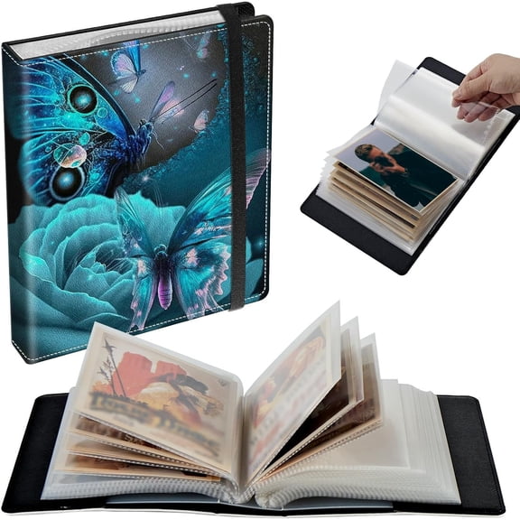 Small Photo Album 4x6 inch 120 Pictures PU Leather Photo Albums with Transparent Inner Pockets and Elastic Band for Wedding Boys Girl Travel Family Pictures - Art Butterfly