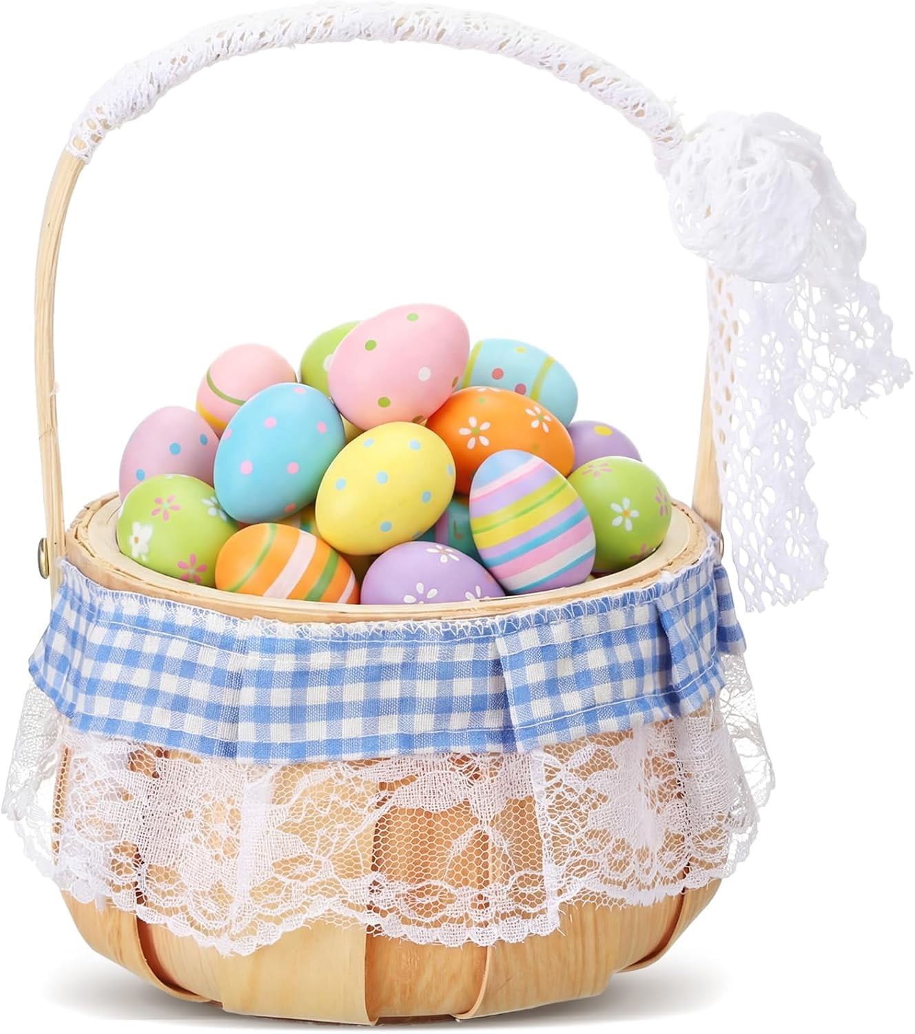 Easter Bunny Basket with Handle Small Rabbit Ears Picnic Basket Empty for Easter Eggs Hunt, Candy Storage, Outdoor Camping, Birthday, Halloween Costume(Blue and White,Round Style)