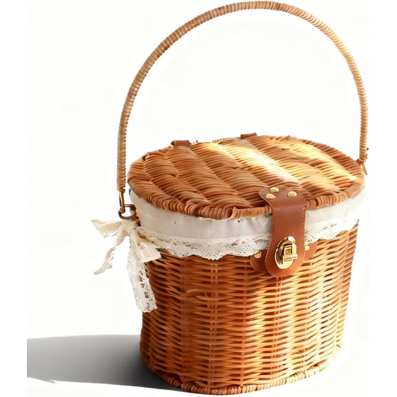 Small Picnic Basket with Lid & Foldable Handles - Vintage Rattan Picnic Hamper with White Lining & Lock for Picnic, Beach, Vacation & Everyday Use