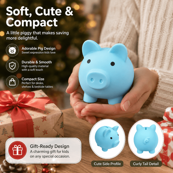 Small Piggy Bank - Coin Bank for Little Boys & Girls, Safe Piggy Bank for Saving Change, Cute Small-Sized Money Storage Jar, Blue, 3.15*4.13*3.74in