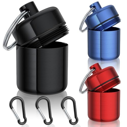 Small Pill Case,(3 Pack) Keychain Pill Holder with Strong Carabiners Portable Waterproof Travel Pill Container Carrier Mini Metal Pill Box Bottle with Keyring for Medicine Ear Plug Jewelry