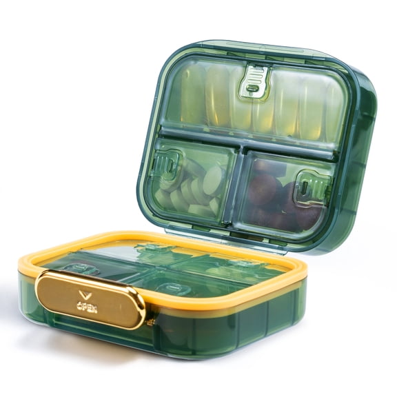 Small Stylish Pill Organizer, 7 Day Pill Box for Travel, Weekly Portable Pill Case, Compact Medication Container for Daily Vitamin, Supplements and Medicine (Green)