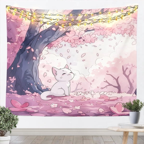Small Pink Anime Cat Tapestry 51x59 Japanese Style Cherry Blossom Wall Hanging Kawaii Kitten Art Decor